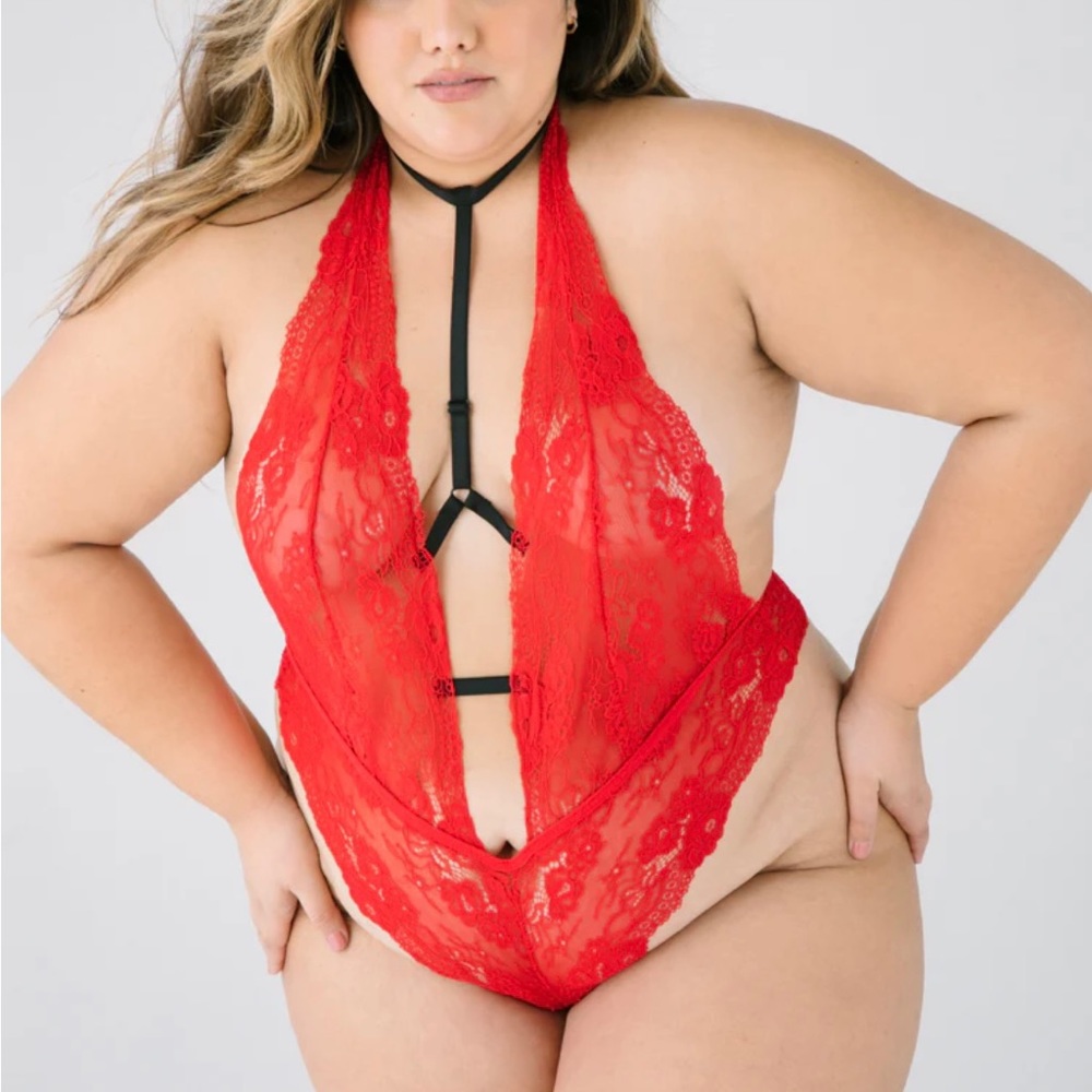 Lace Red Valentines Choker Teddy Bodysuit 1X
